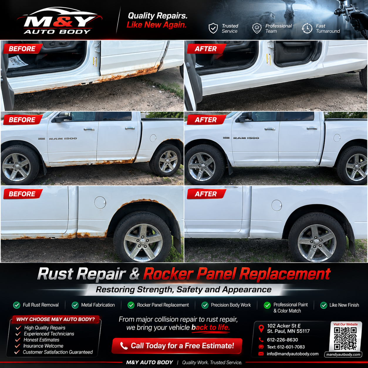 Before and after rust repair and rocker panel replacement on a white Ram 1500 by M&Y Auto Body